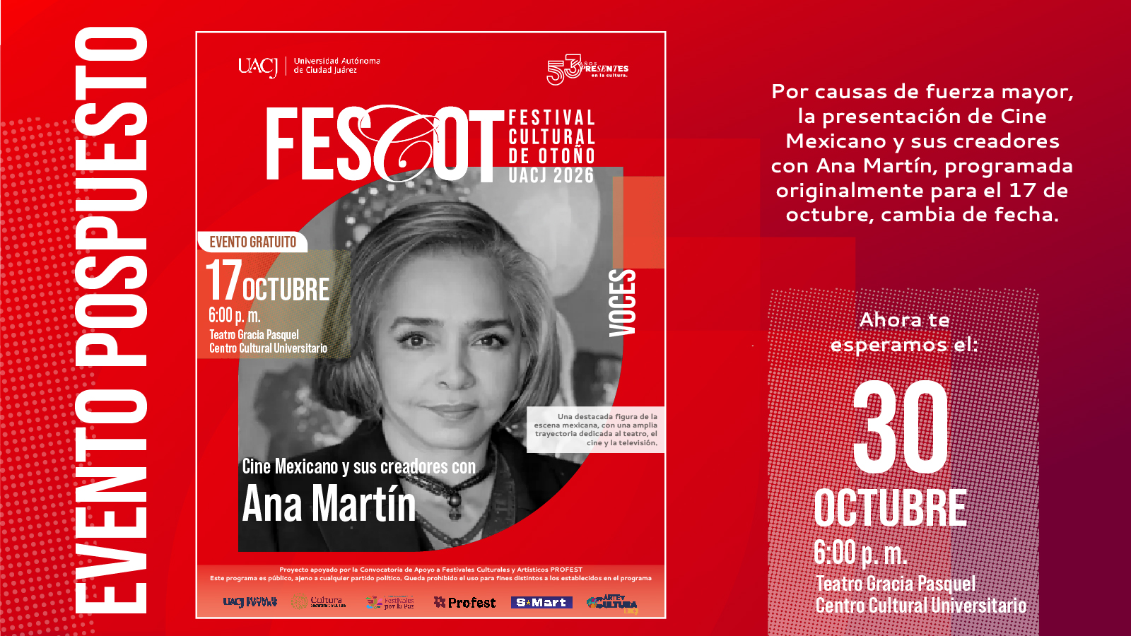 Reprograma Ana Martín su visita a Ciudad Juárez; el FESCOT 2026 la recibirá el 30 de octubre